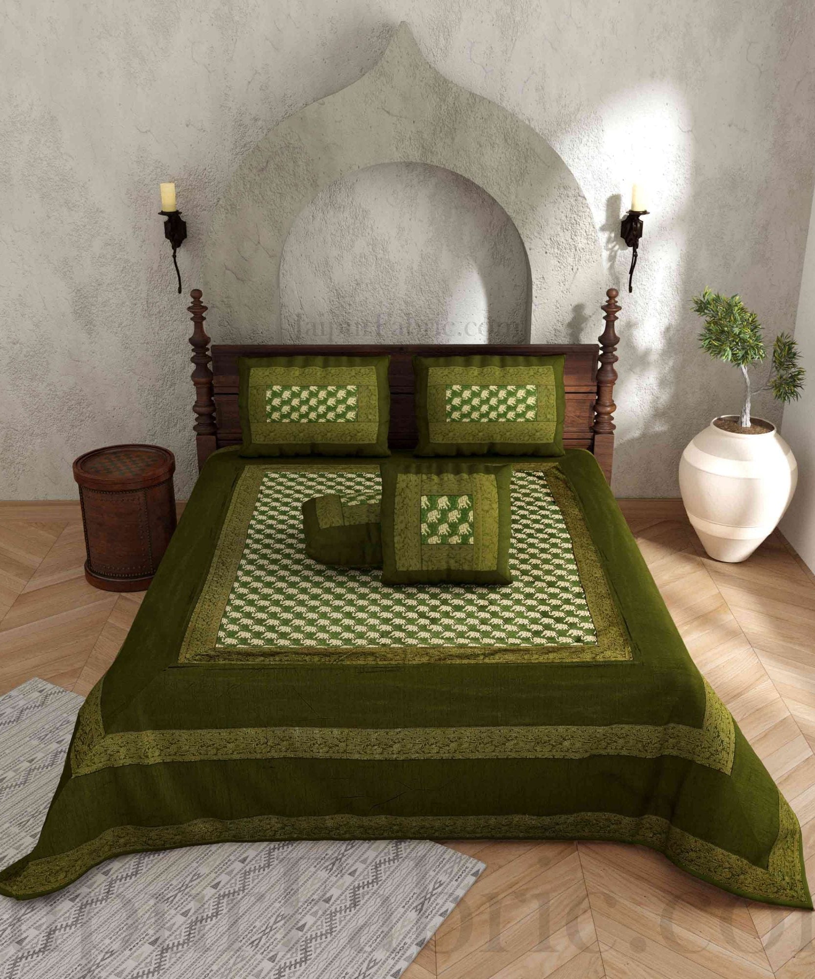 Green Rajasthani Zari Embroidered Lace Work Silk Double Bed Sheet