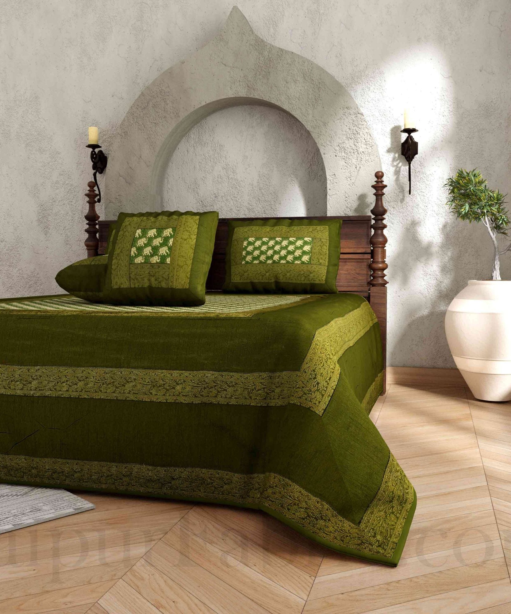 Green Rajasthani Zari Embroidered Lace Work Silk Double Bed Sheet