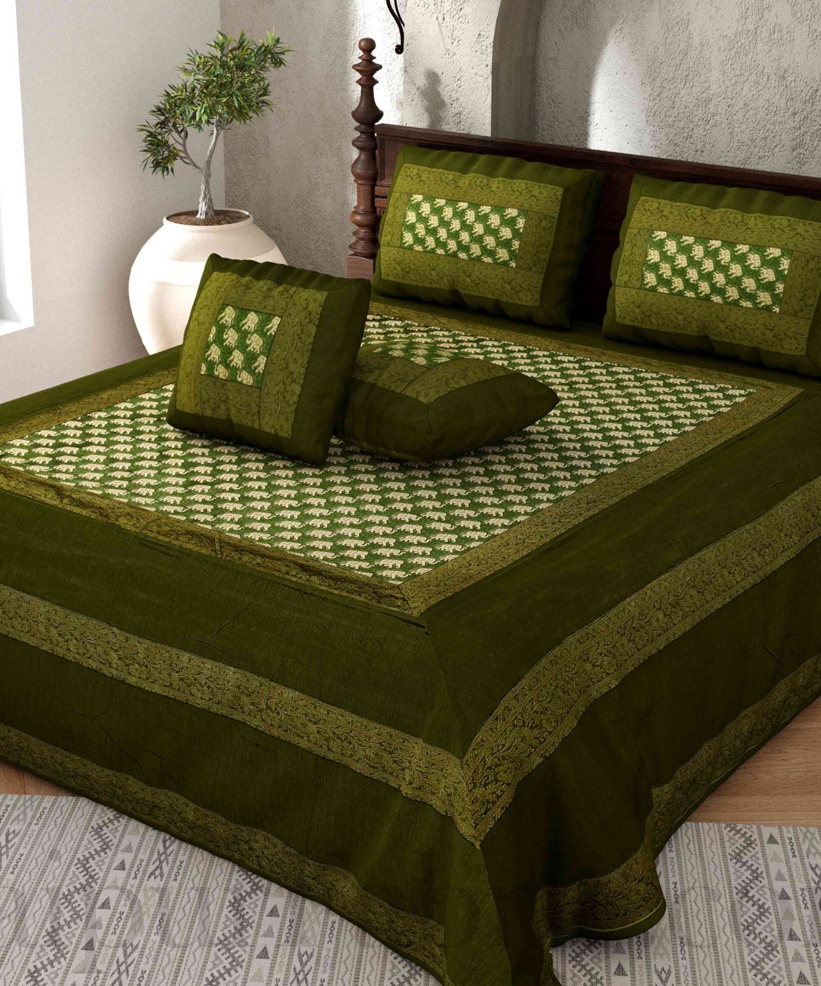 Green Rajasthani Zari Embroidered Lace Work Silk Double Bed Sheet