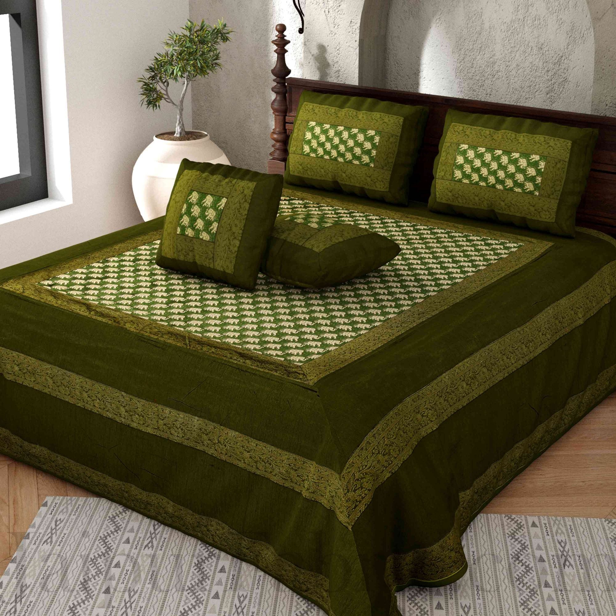Green Rajasthani Zari Embroidered Lace Work Silk Double Bed Sheet
