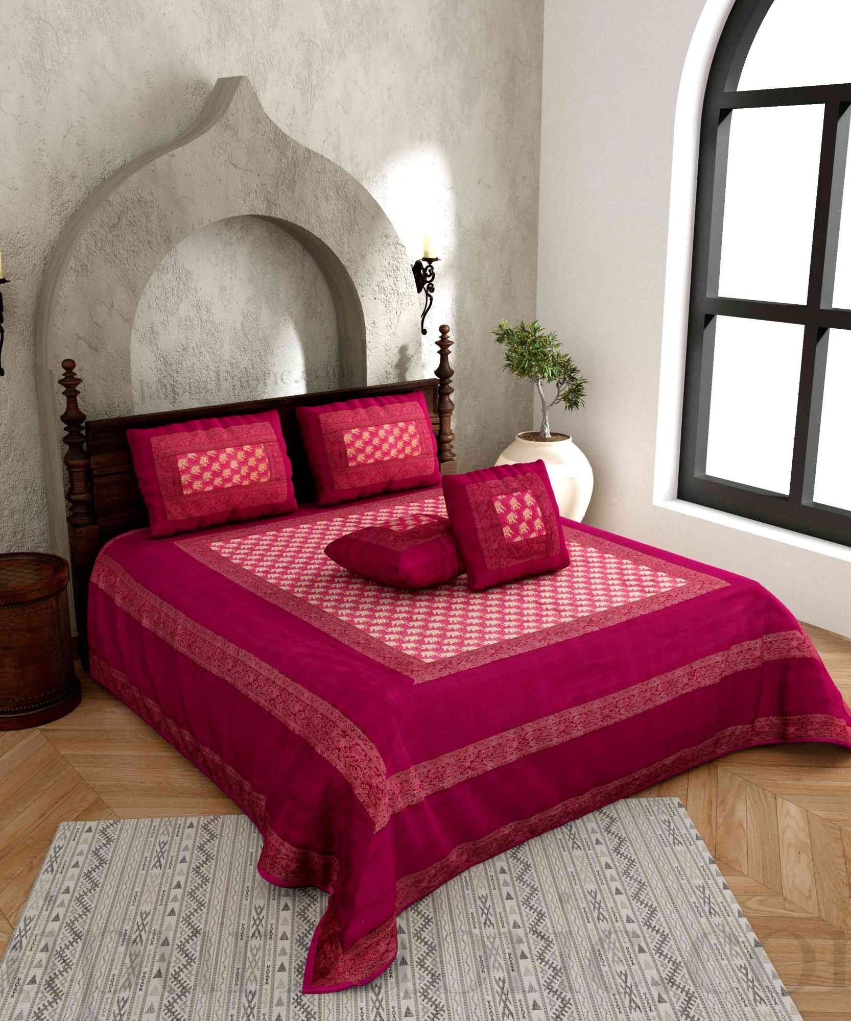Maroon Rajasthani Zari Embroidered Lace Work Silk Double Bed Sheet
