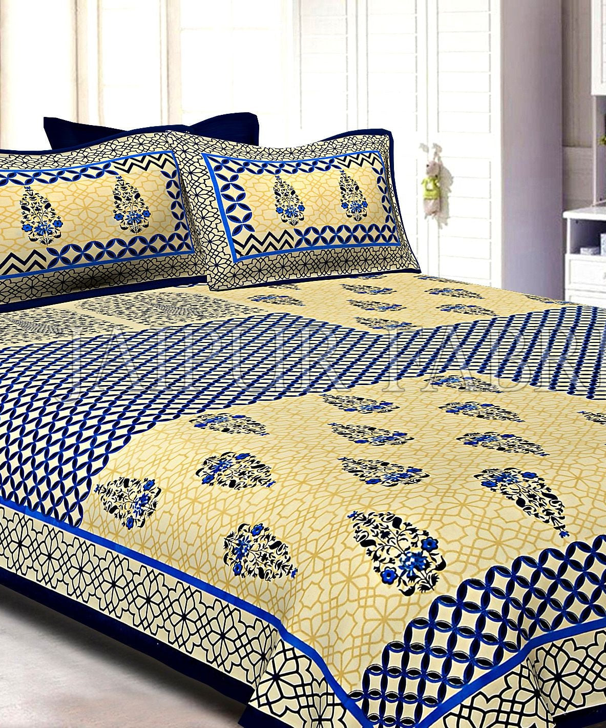 Navy Blue creame Base With Rangoli And Gamala Printin Designer Pattern Fine Cotton Poplin Double Bedsheet With Two Pillow