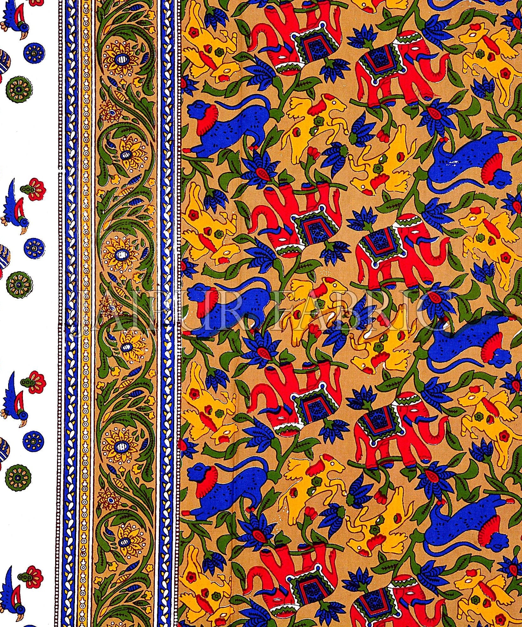 Brown Base Jaipur Handmade Animal Print Bedsheet With Pillow Covers