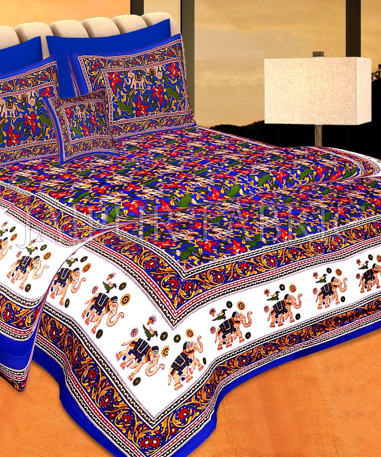 Blue Base jaipur Handmade animal print bedsheet With pillow Covers