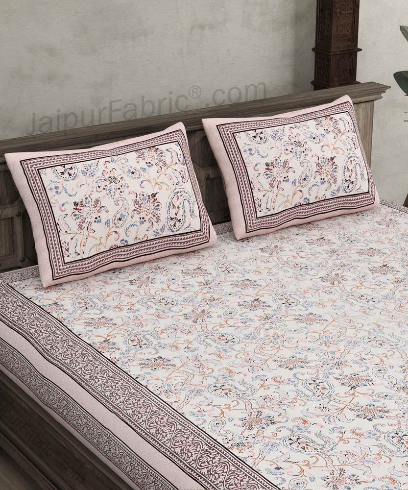 Pure Cotton Paisley Floral Ethnic Peach Border Jaipuri Double Bedsheet