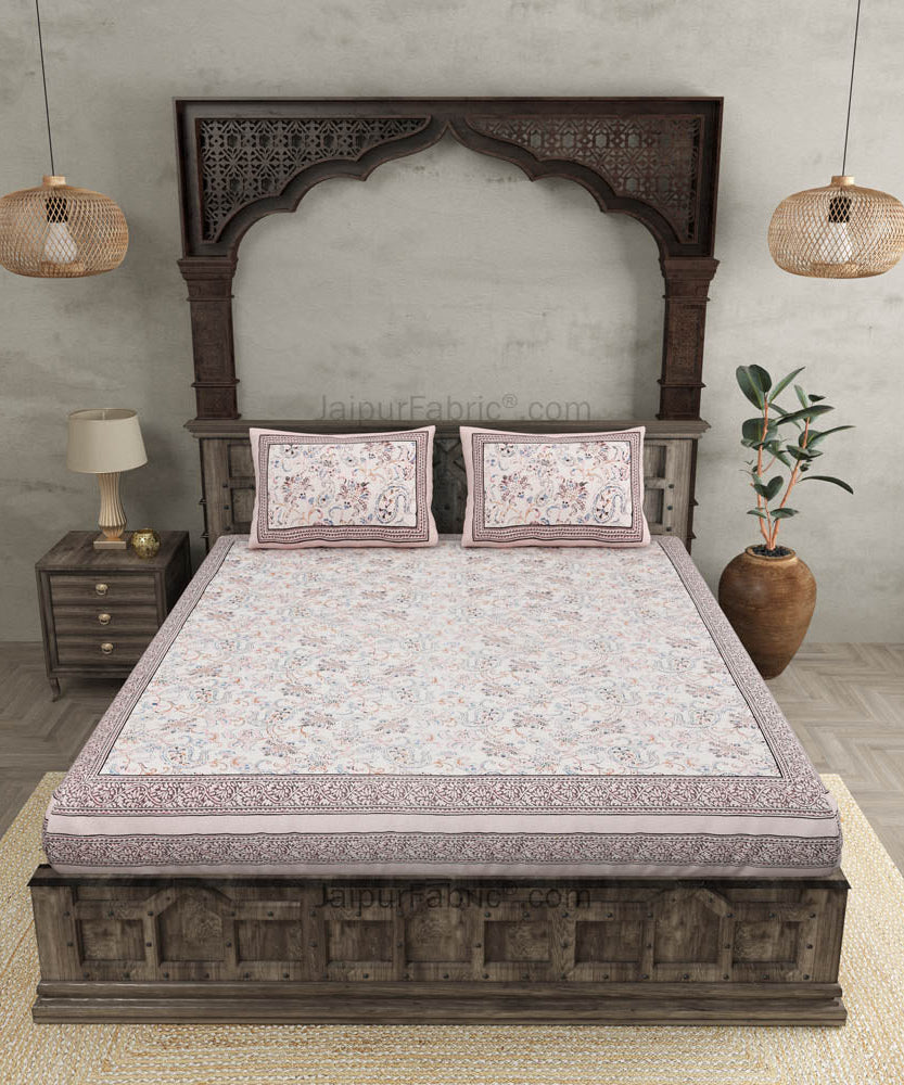 Pure Cotton Paisley Floral Ethnic Peach Border Jaipuri Double Bedsheet