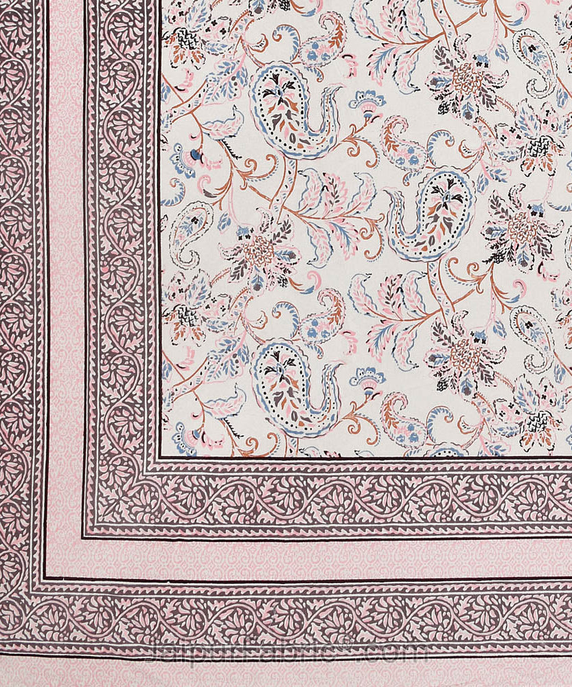 Pure Cotton Paisley Floral Ethnic Peach Border Jaipuri Double Bedsheet