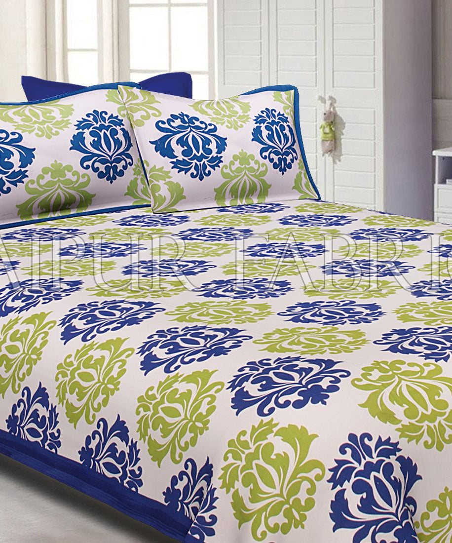 Blue Border Floral Pattern Screen Print Cotton Double Bed Sheet
