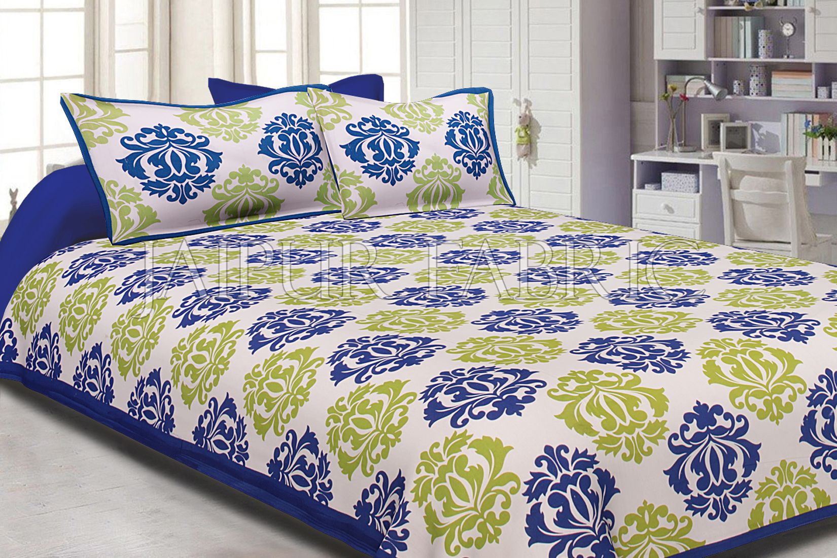 Blue Border Floral Pattern Screen Print Cotton Double Bed Sheet