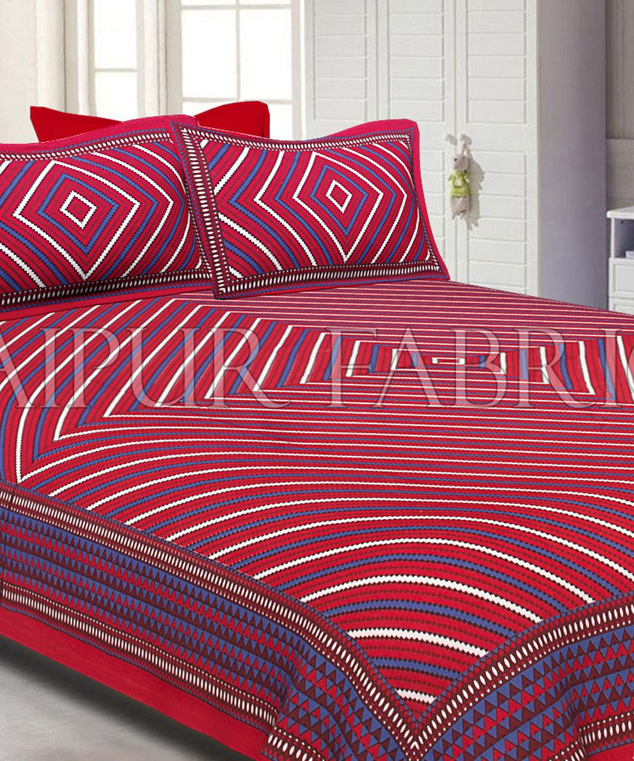 Maroon Border Square and line Pattern Screen Print Cotton Double Bed Sheet