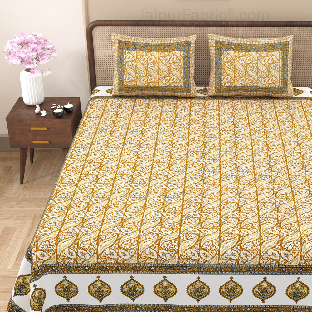 Rustic Rhythms Mustard Block Print Pure Cotton Double Bedsheet