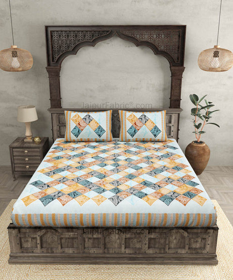 Ethnic Tiles Blue Orange and Pink Double Bedsheet Combo of 3