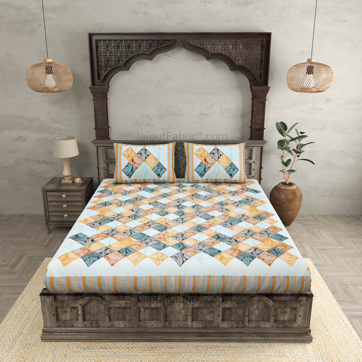 Ethnic Tiles Blue Orange and Pink Double Bedsheet Combo of 3