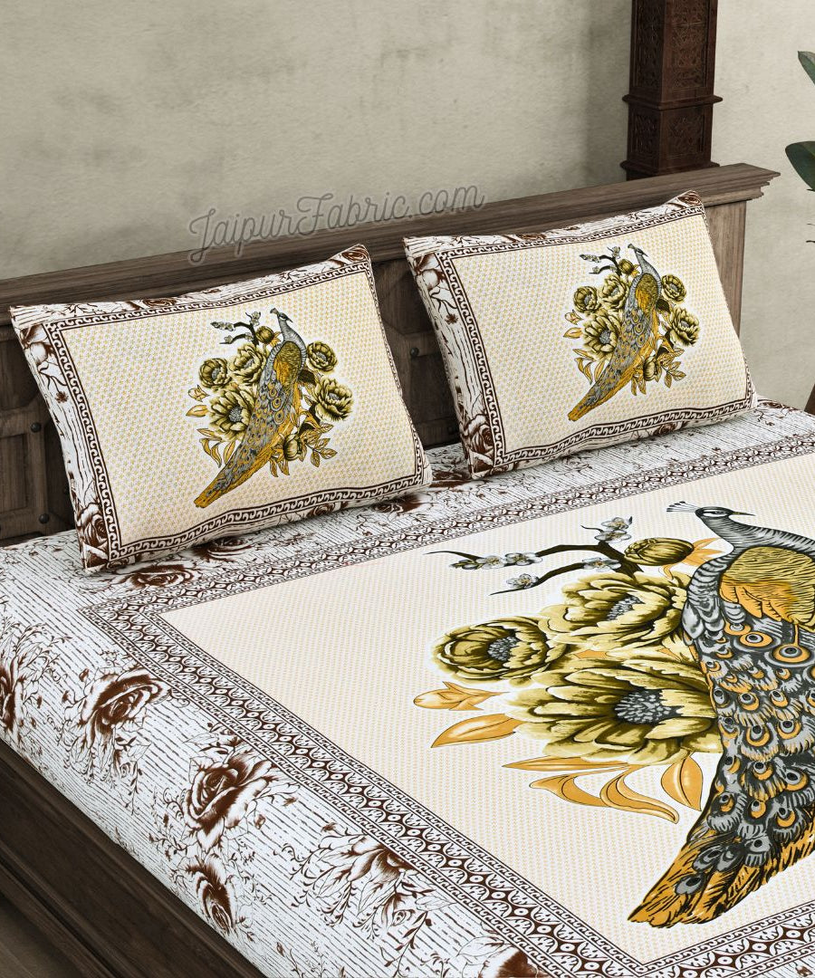 Royal Elegance Grey-Brown Peacock Cotton Double Bed Sheet