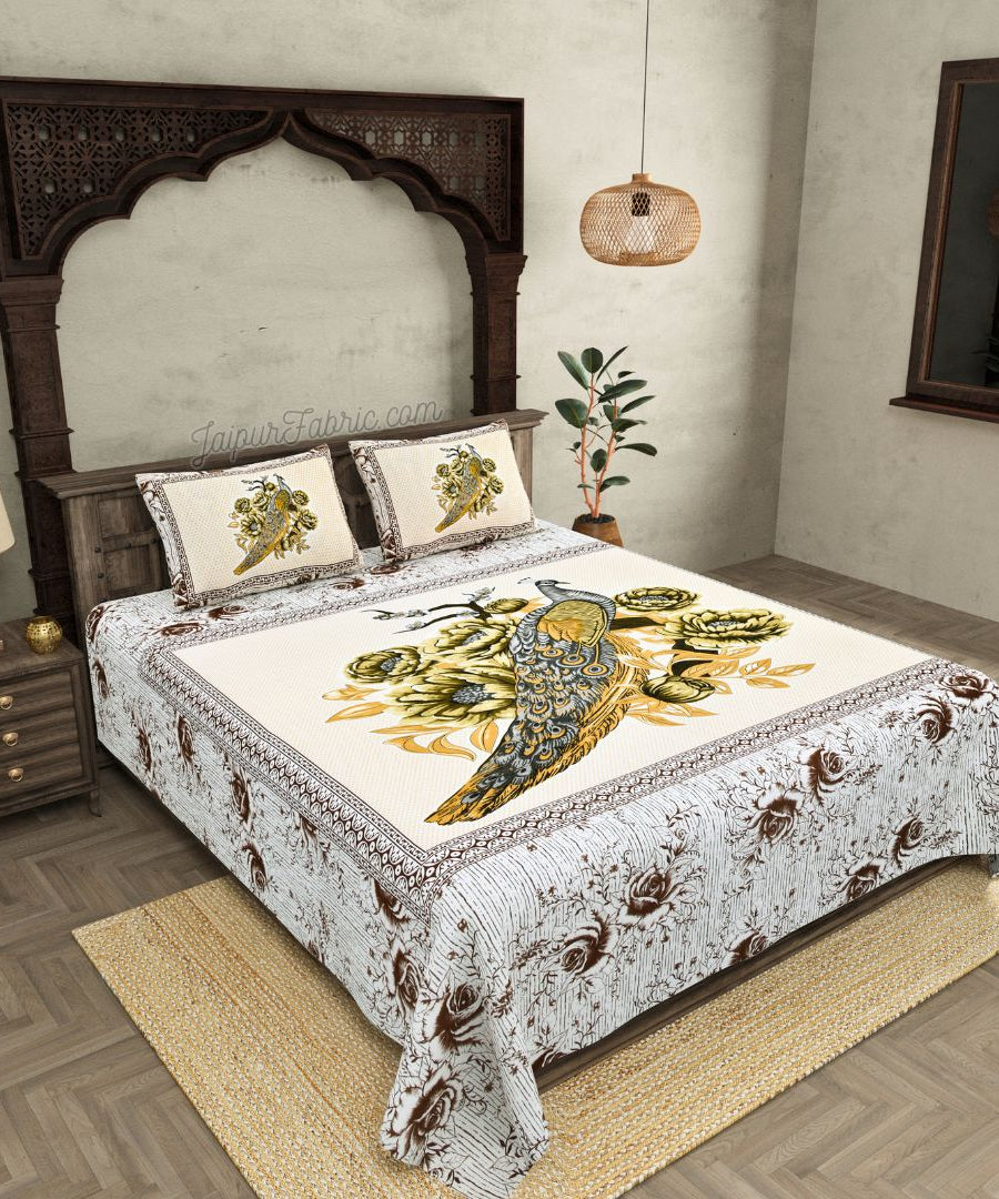 Royal Elegance Grey-Brown Peacock Cotton Double Bed Sheet