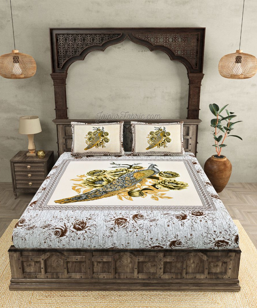 Royal Elegance Grey-Brown Peacock Cotton Double Bed Sheet