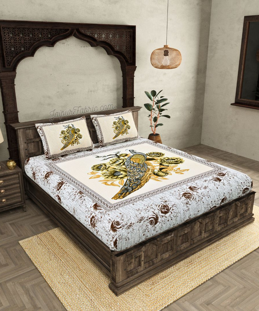 Royal Elegance Grey-Brown Peacock Cotton Double Bed Sheet