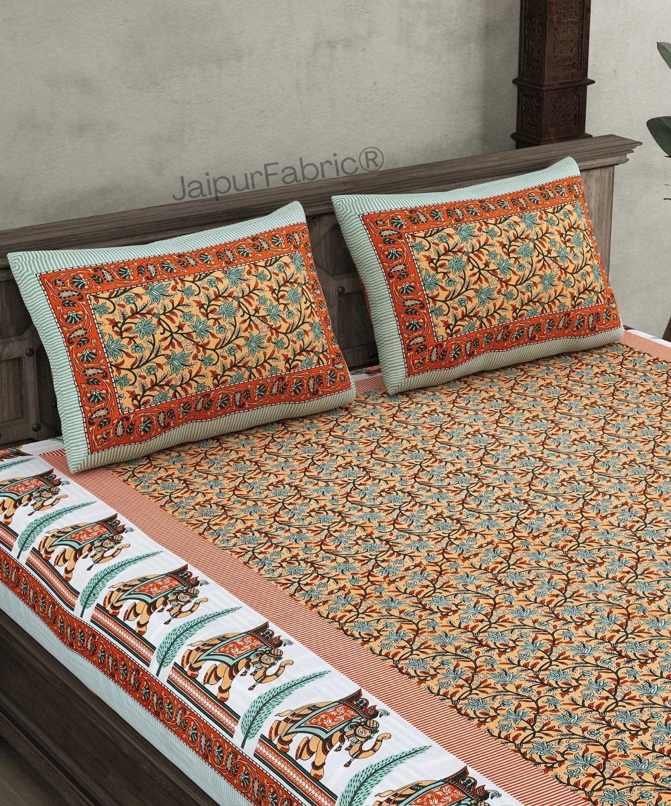 Leafy Flair Peach Pure Cotton Double Bedsheet