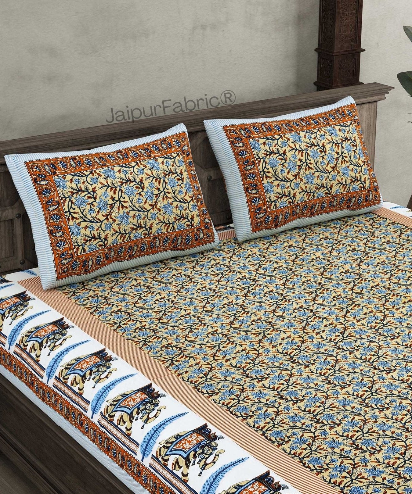 Leafy Flair Yellow Pure Cotton Double Bedsheet