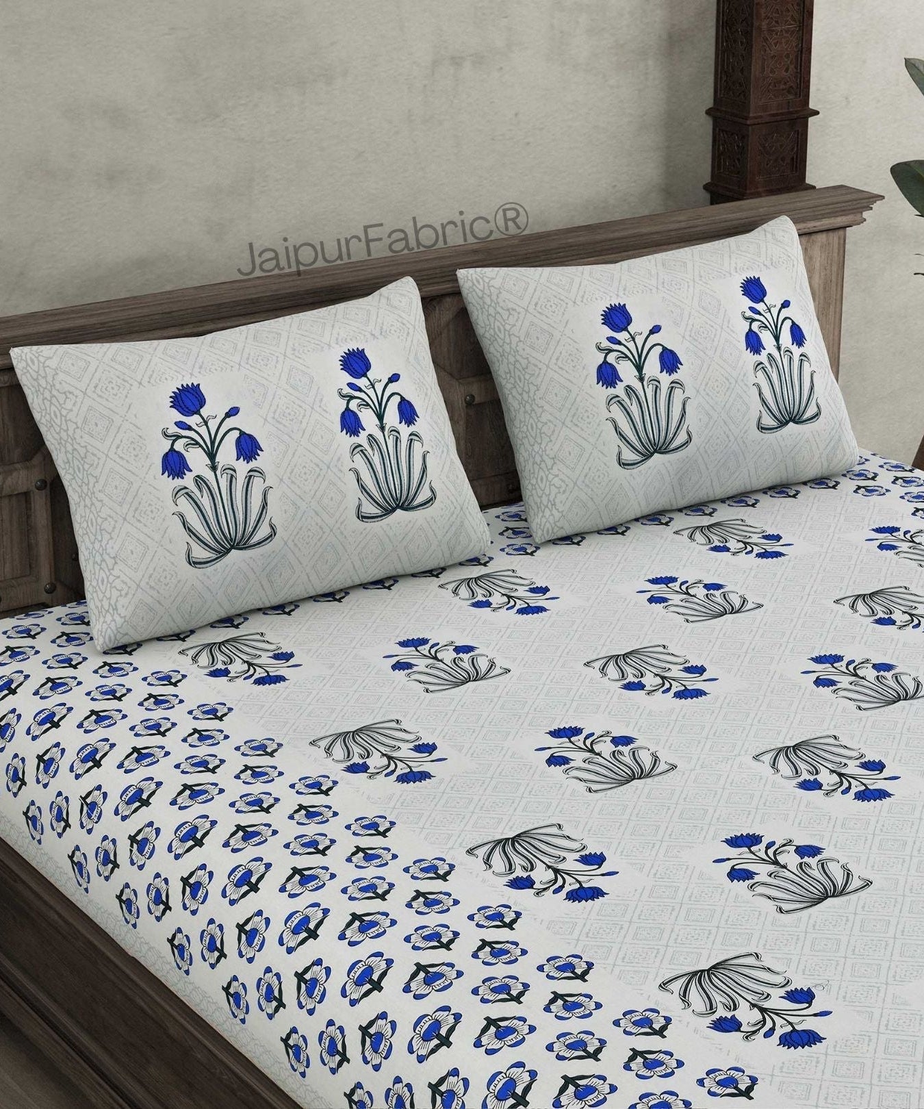 Blossomy Wonder Blue Pure Cotton Double Bedsheet