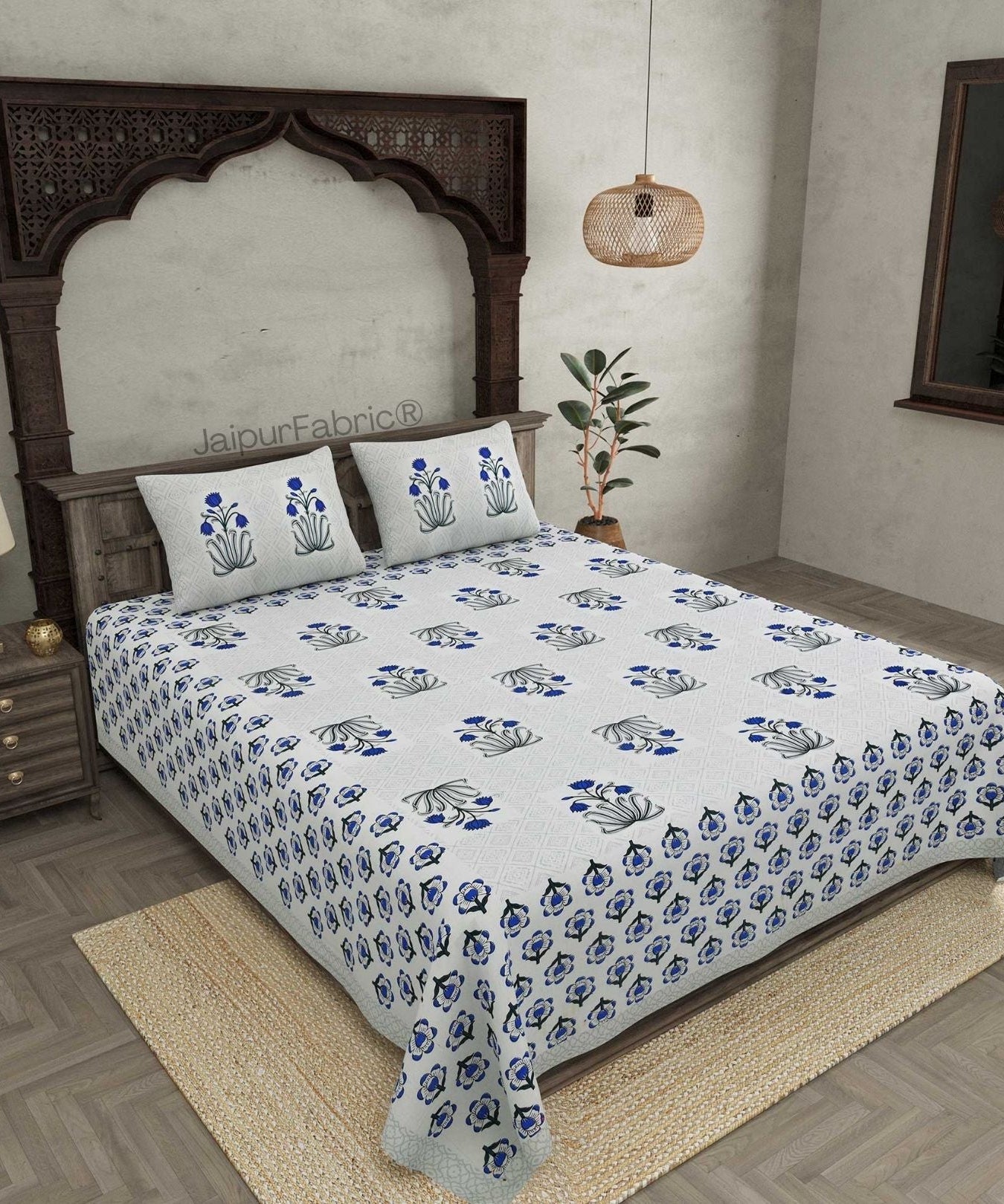 Blossomy Wonder Blue Pure Cotton Double Bedsheet