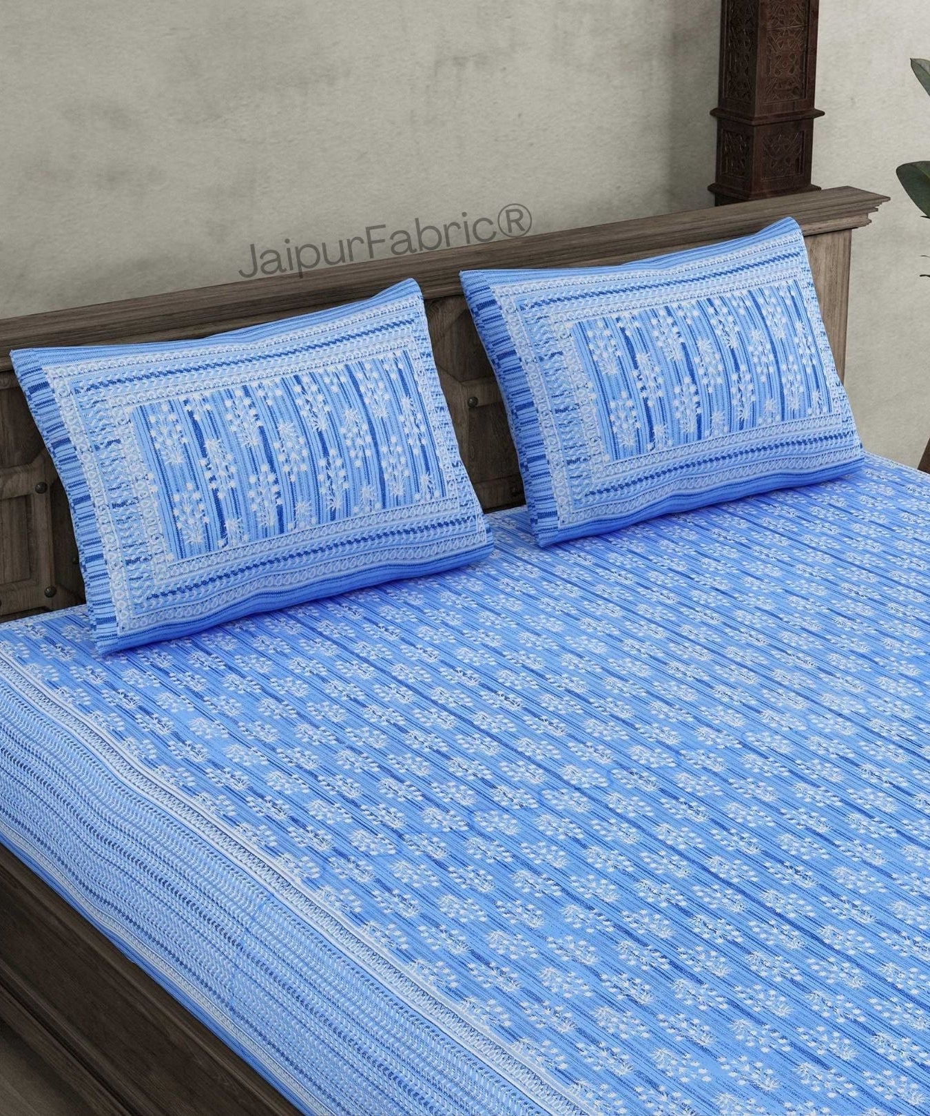 Verdant Wizard Blue Pure Cotton Double Bedsheet