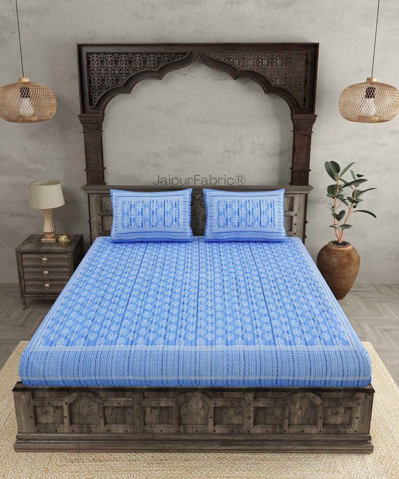 Verdant Wizard Blue Pure Cotton Double Bedsheet