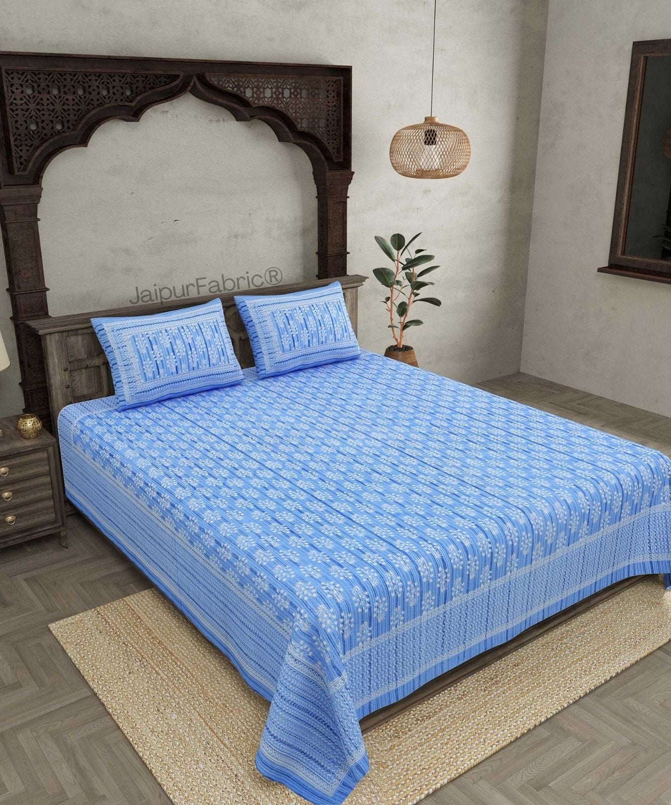 Verdant Wizard Blue Pure Cotton Double Bedsheet