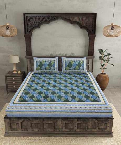 The Traditional Touch Blue Red and Green Pure Cotton Double Bedsheet Combo of 3