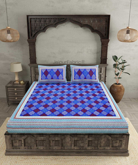 The Traditional Touch Blue Red and Green Pure Cotton Double Bedsheet Combo of 3