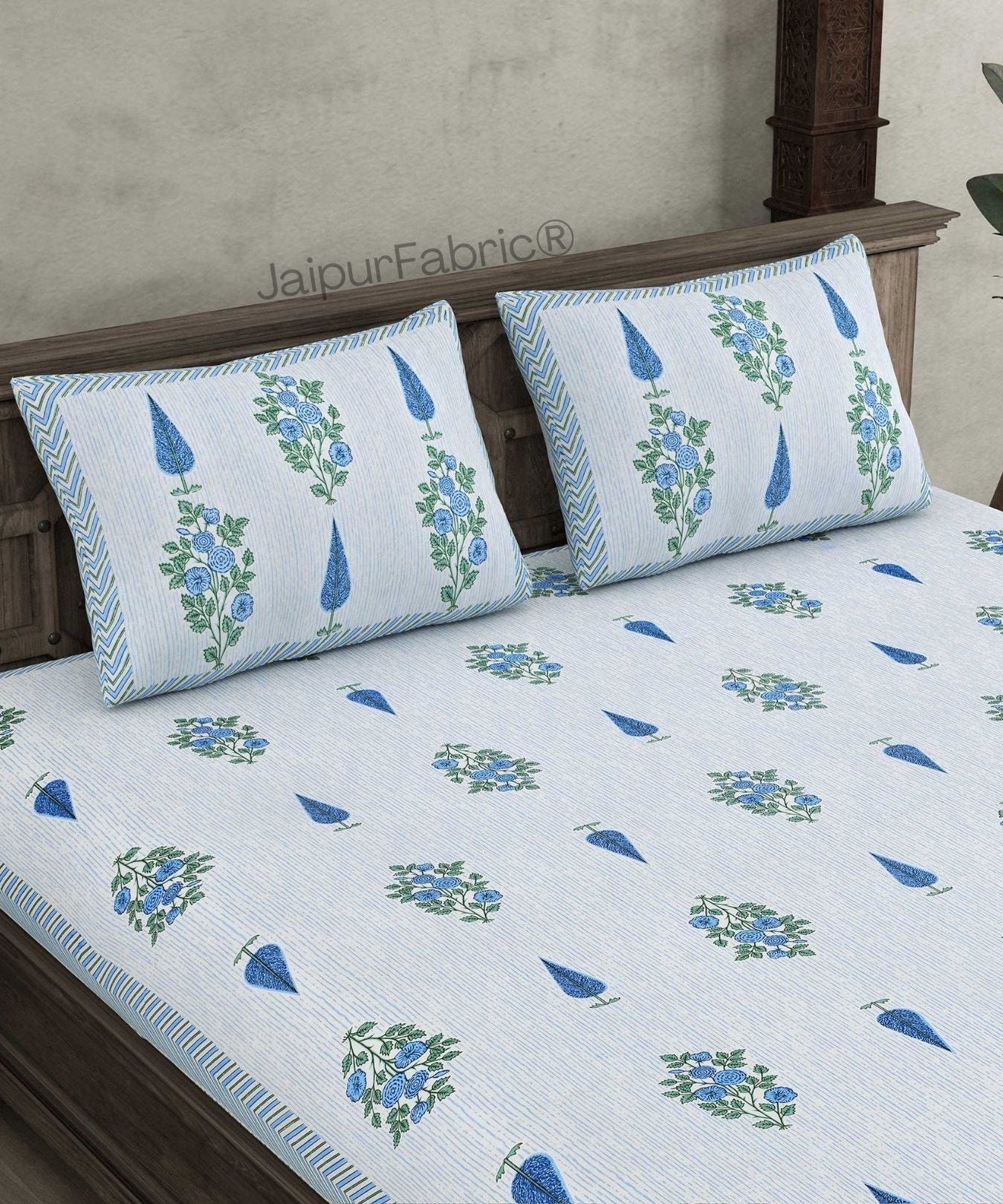 Deodar Décor Blue Pure Cotton Double Bedsheet