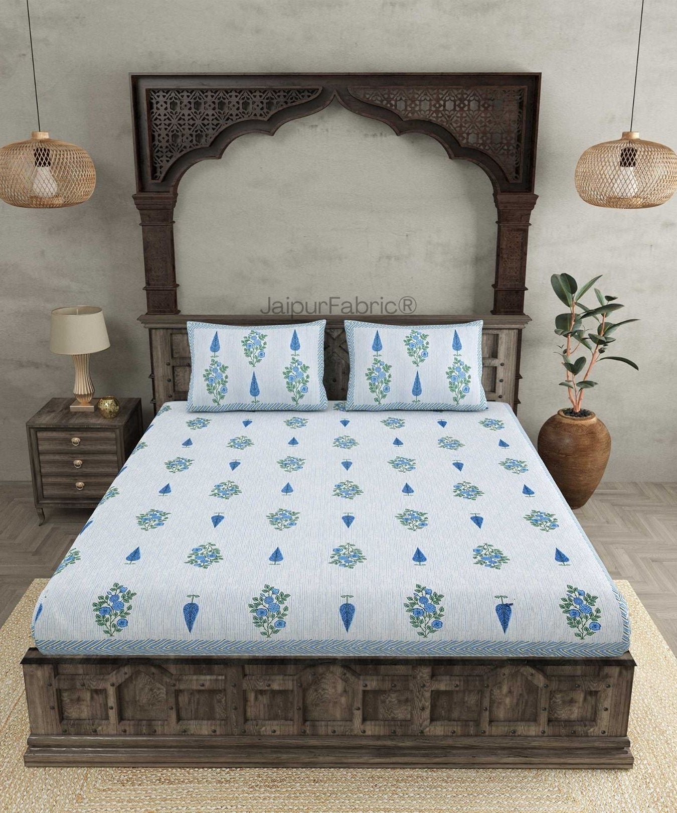 Deodar Décor Blue Pure Cotton Double Bedsheet