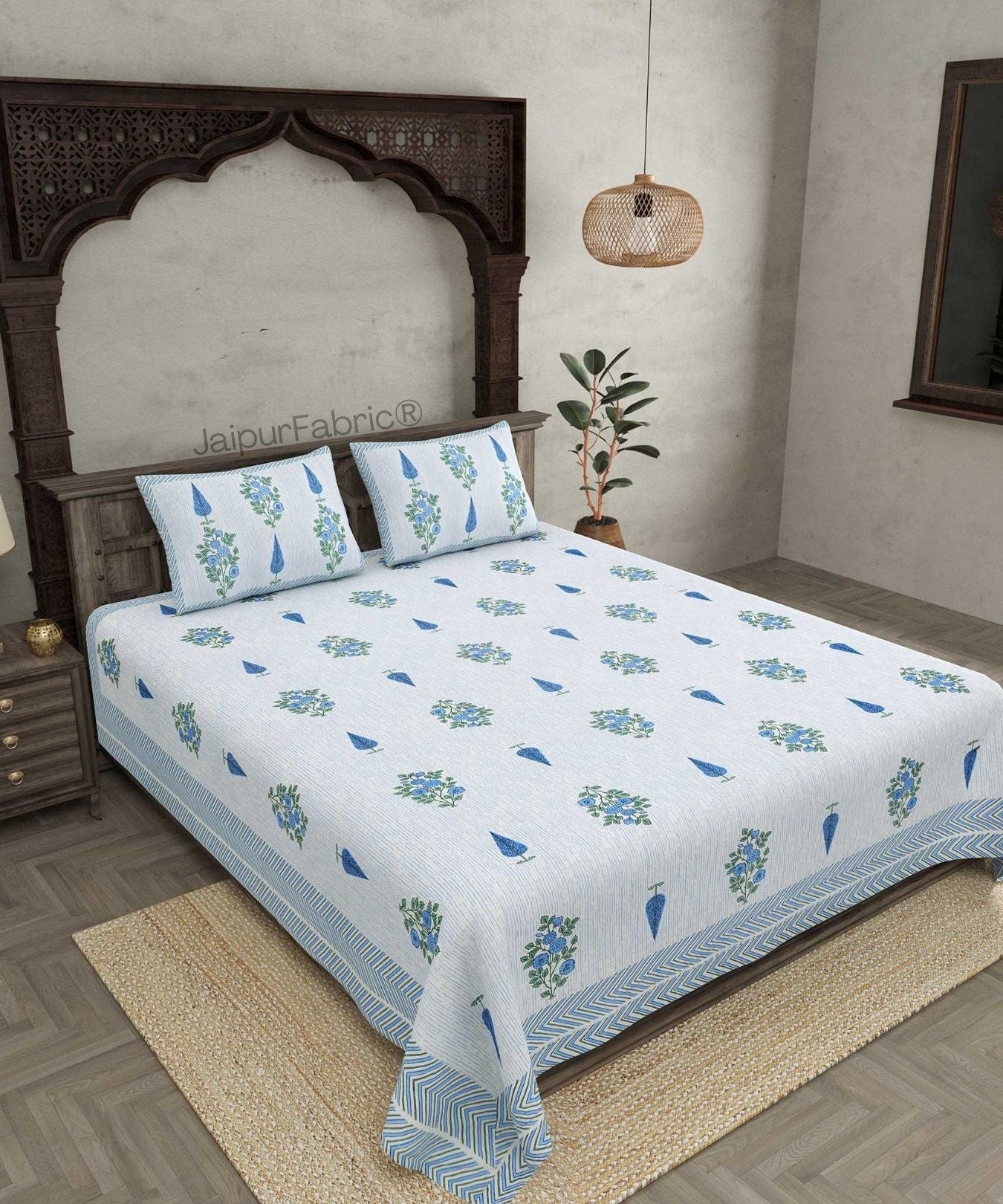 Deodar Décor Blue Pure Cotton Double Bedsheet