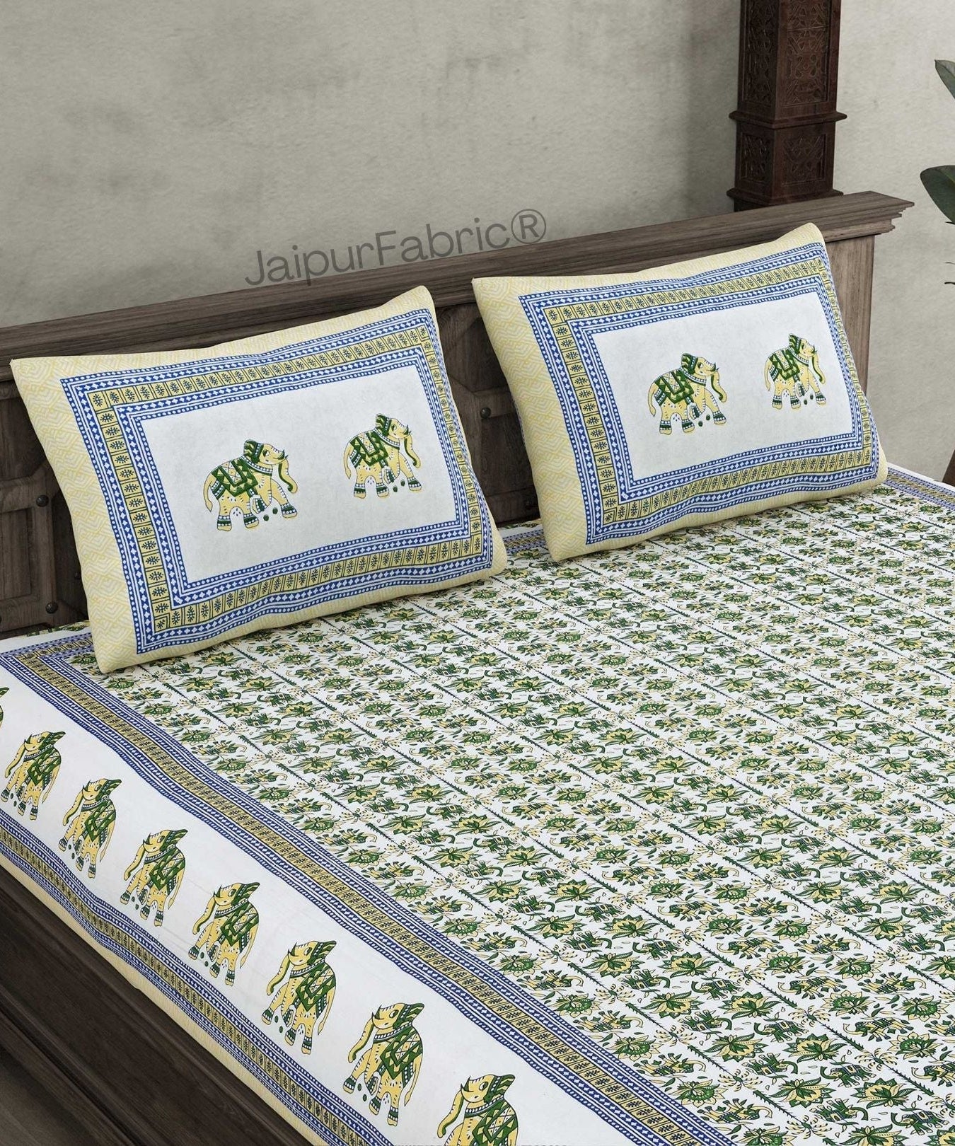Padharo Sa Green Pure Cotton Double Bedsheet
