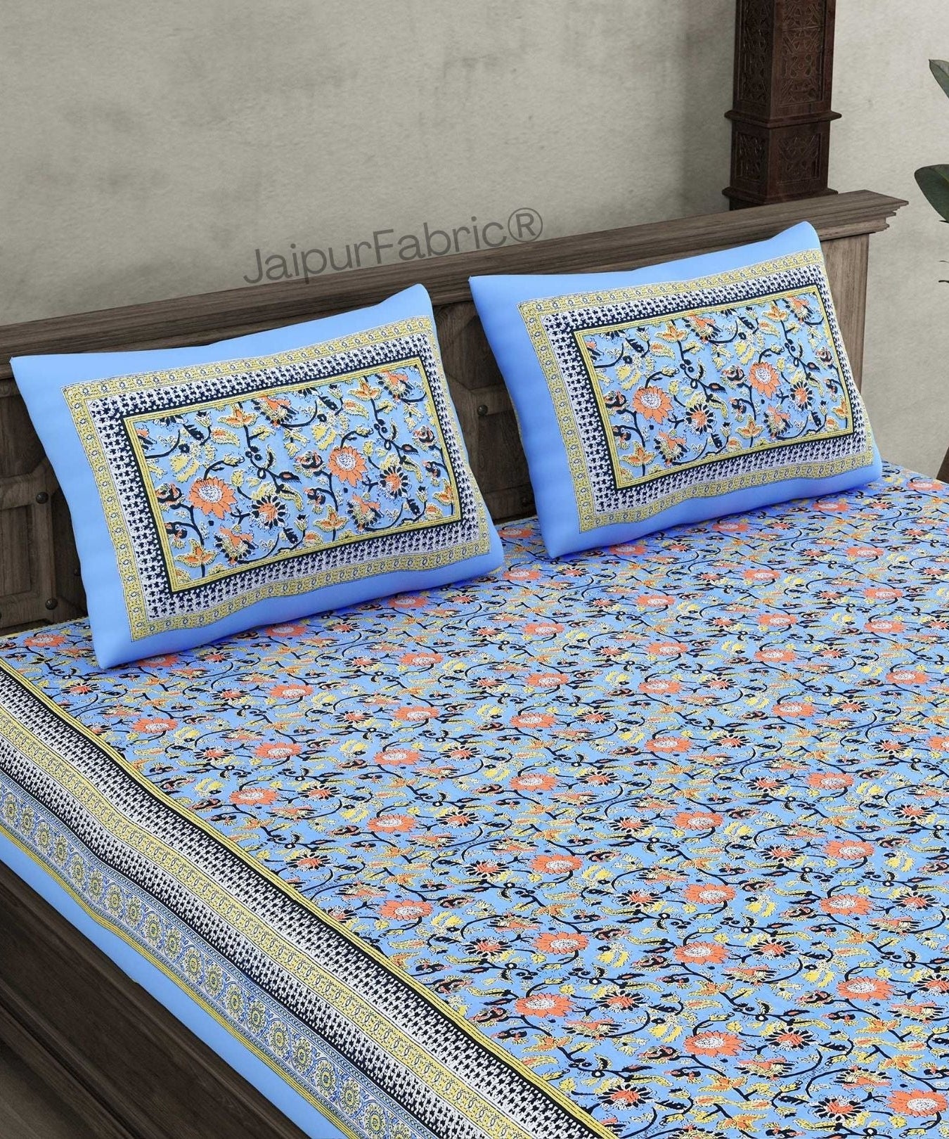 Floral BoothBlue Pure Cotton Double Bedsheet