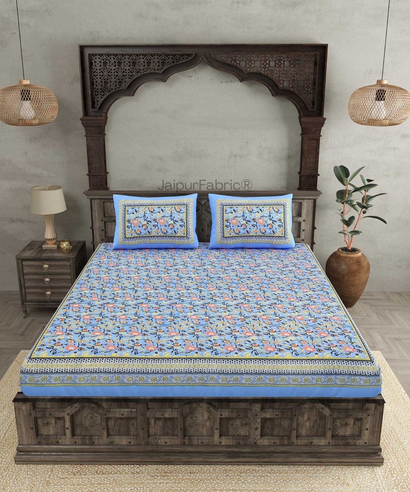 Floral BoothBlue Pure Cotton Double Bedsheet