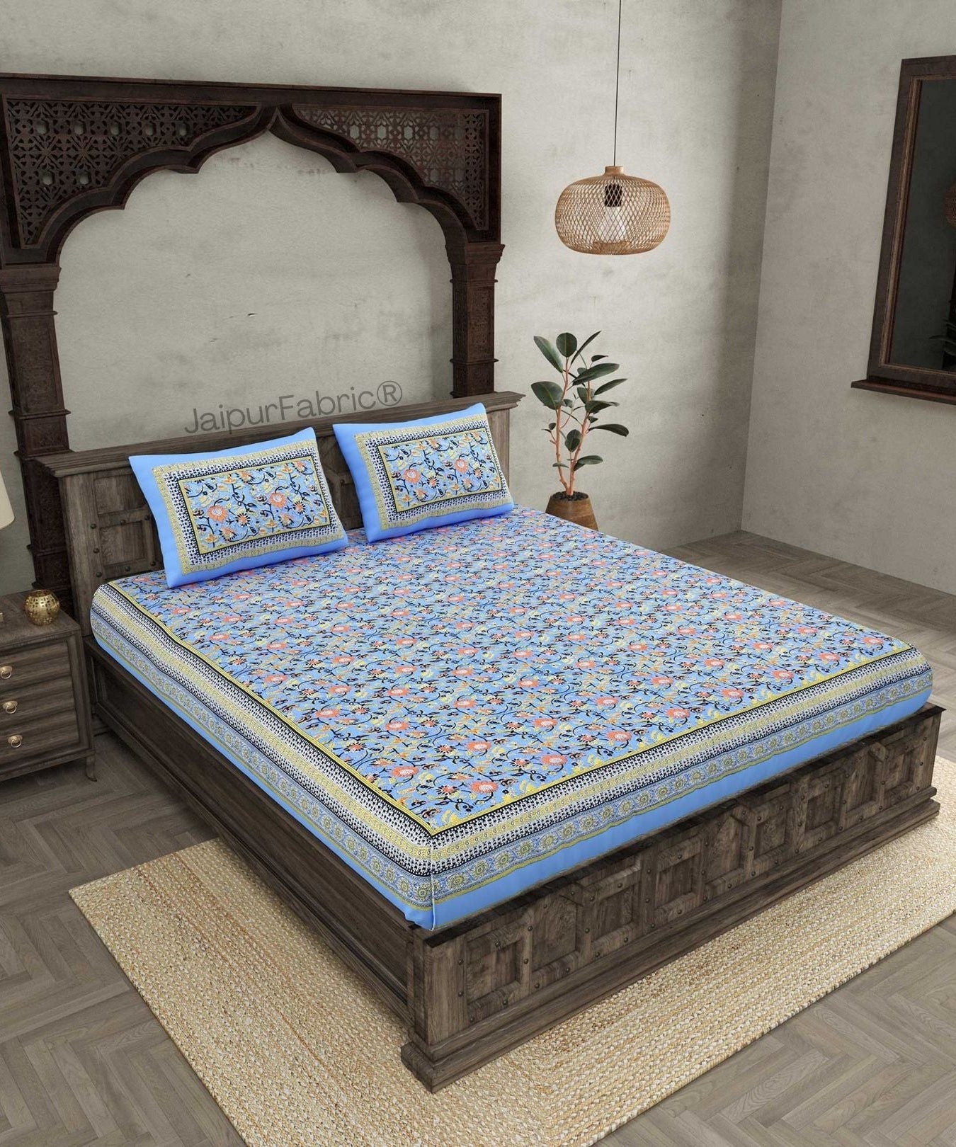 Floral BoothBlue Pure Cotton Double Bedsheet