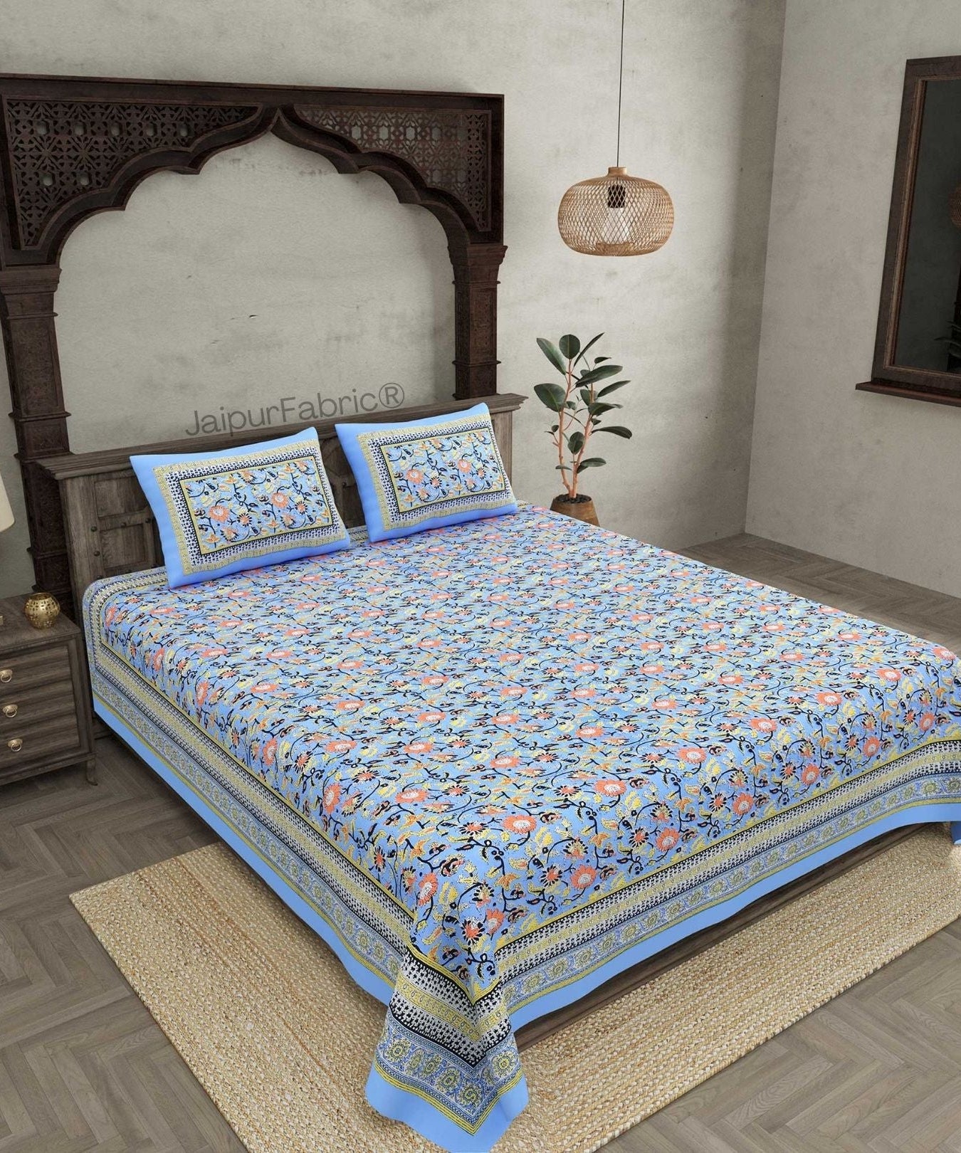 Floral BoothBlue Pure Cotton Double Bedsheet
