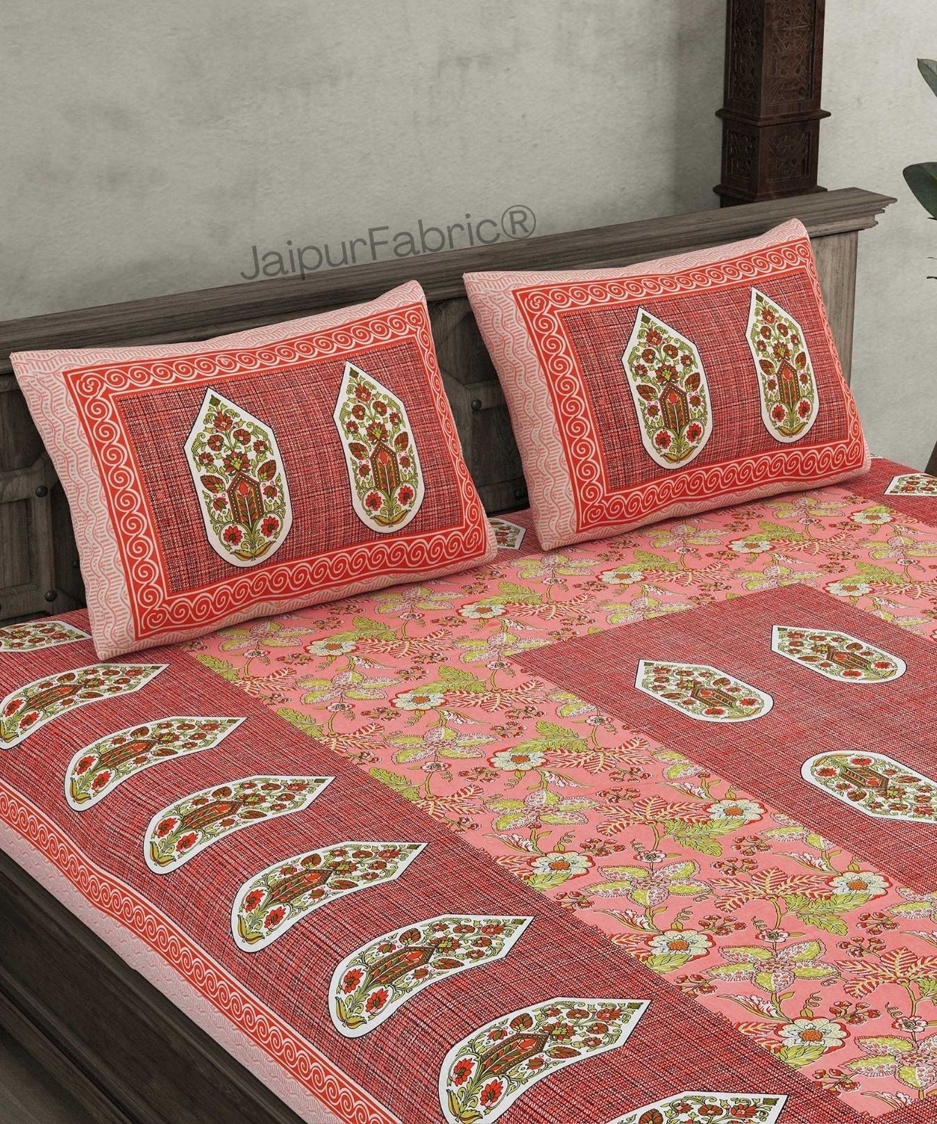 Hawa Mahal Peach Pure Cotton Double Bedsheet