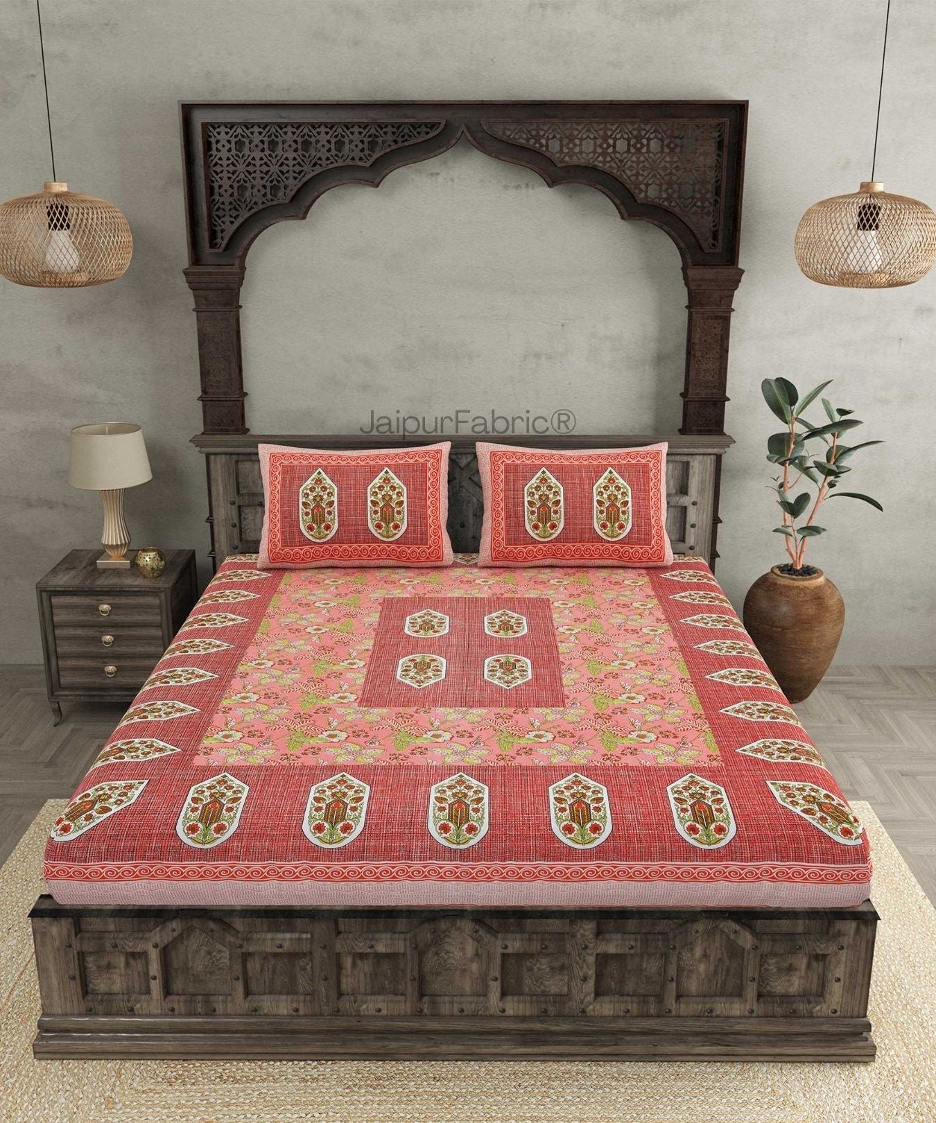Hawa Mahal Peach Pure Cotton Double Bedsheet