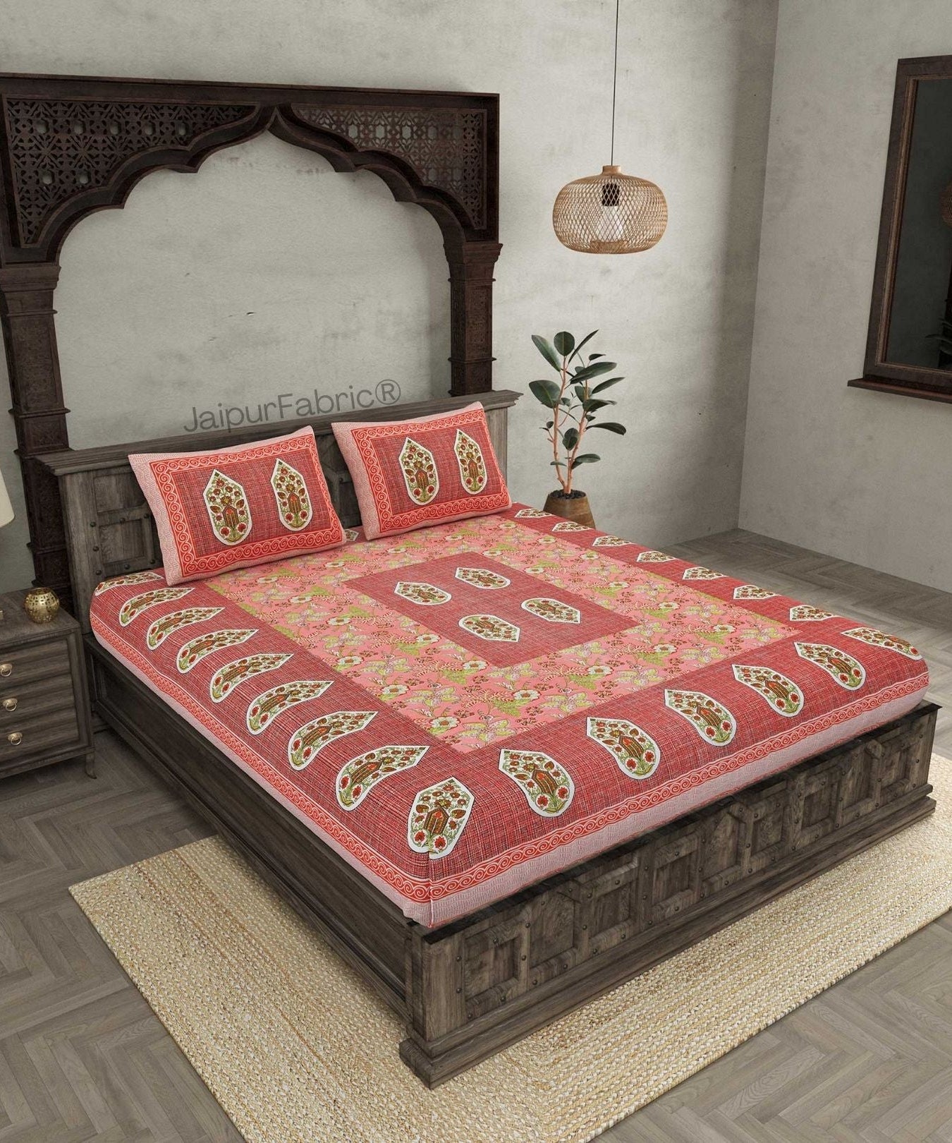 Hawa Mahal Peach Pure Cotton Double Bedsheet