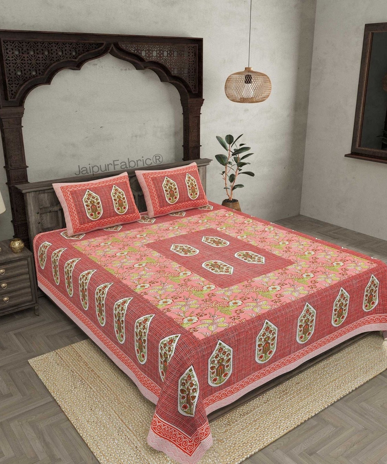 Hawa Mahal Peach Pure Cotton Double Bedsheet