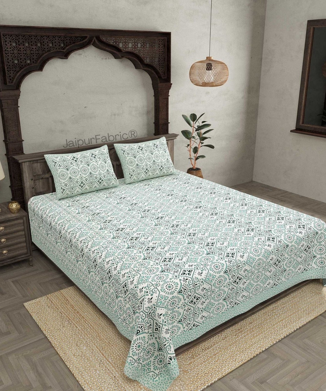Showering Festivities Green Pure Cotton Double Bedsheet