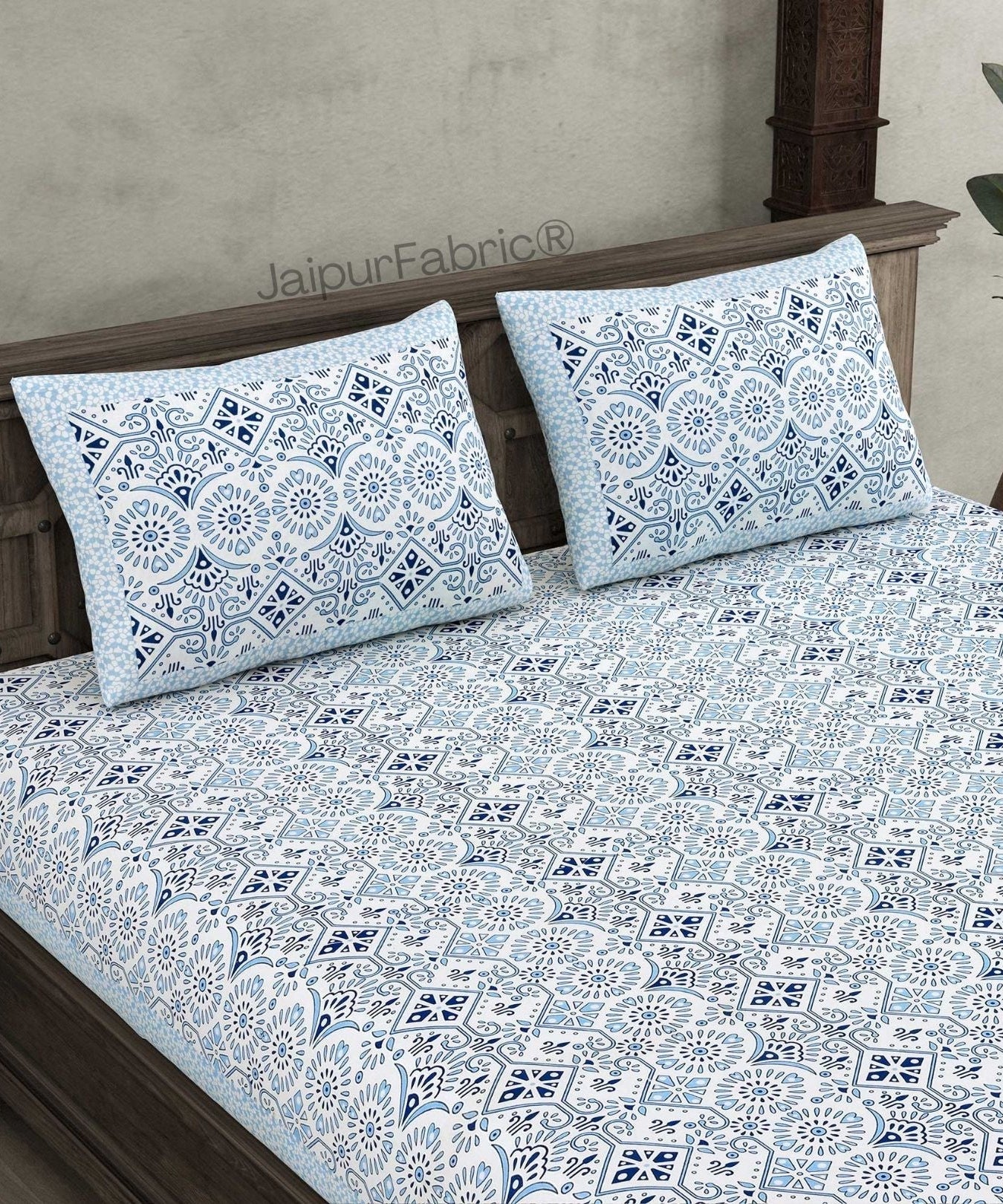 Showering Festivities Blue Pure Cotton Double Bedsheet