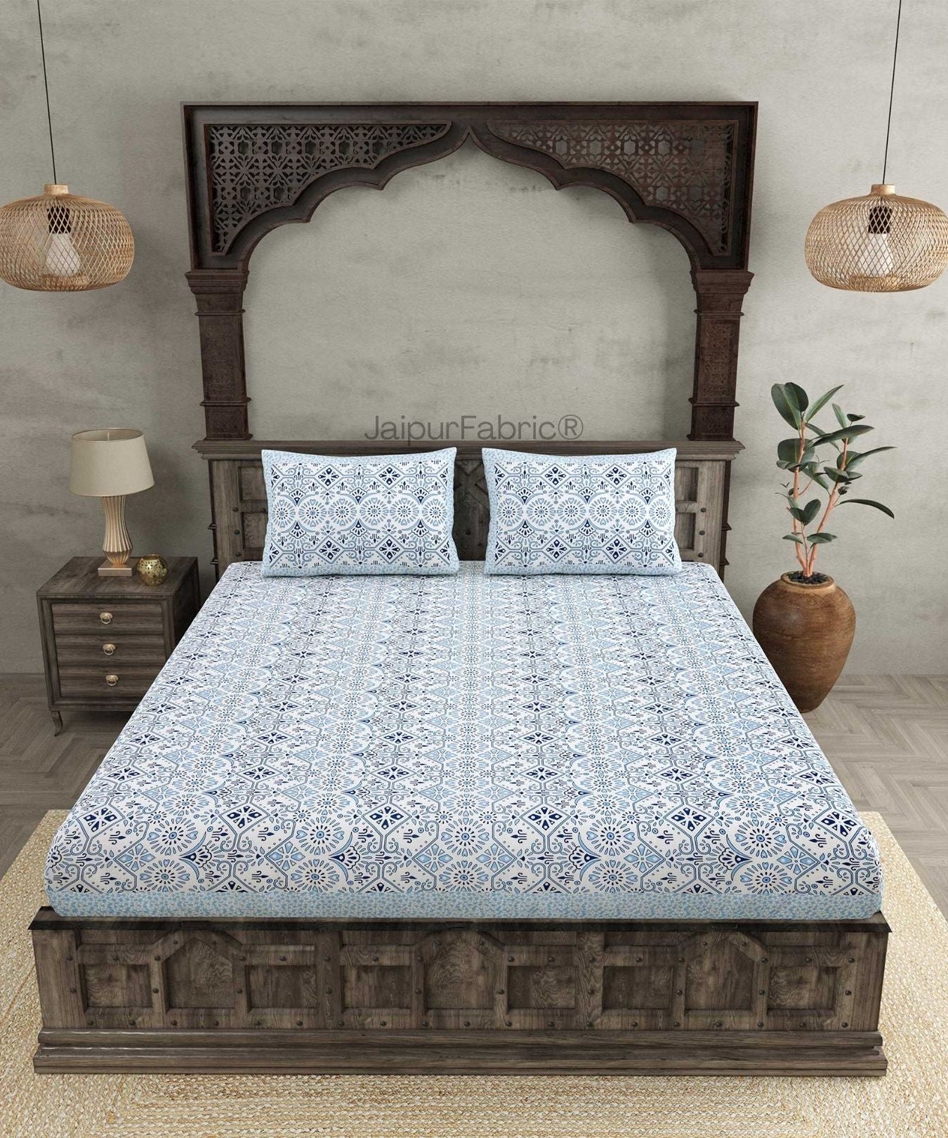 Showering Festivities Blue Pure Cotton Double Bedsheet