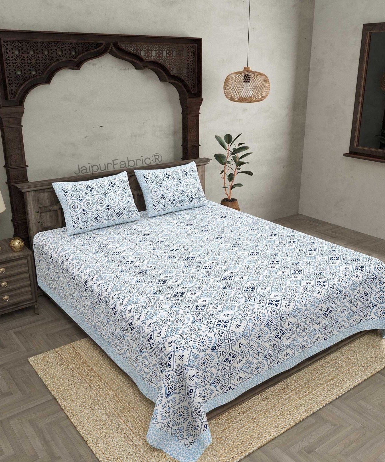 Showering Festivities Blue Pure Cotton Double Bedsheet