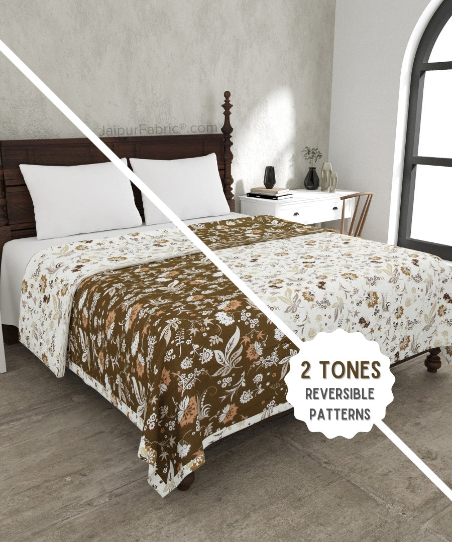 Flowery Spring Brown Cotton Reversible Double Bed Dohar