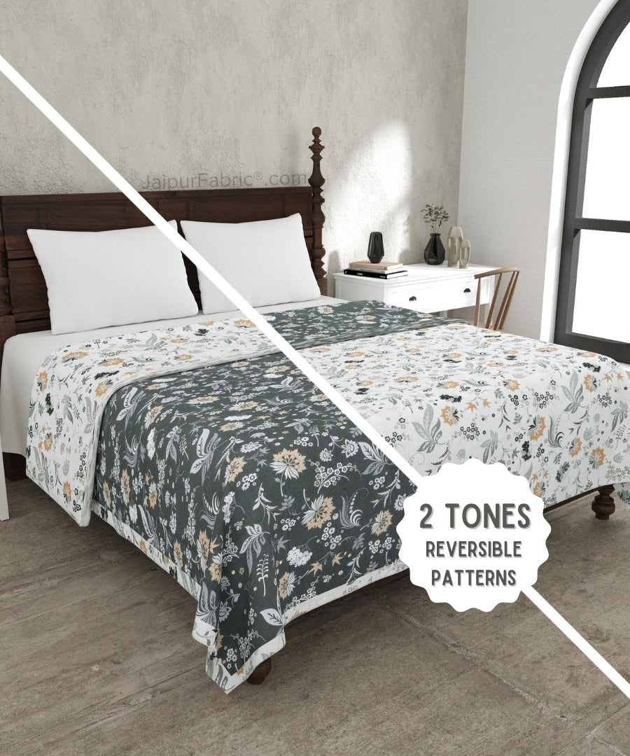 Flowery Spring Grey Cotton Reversible Double Bed Dohar