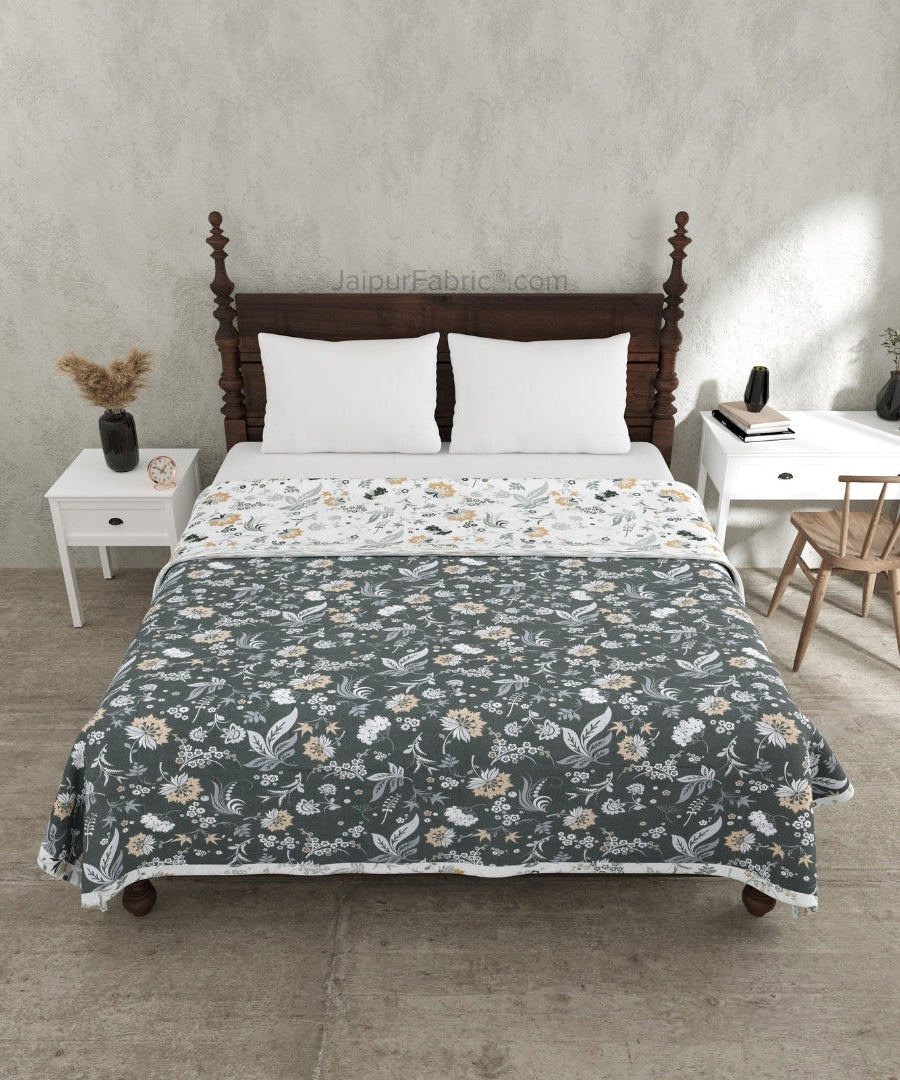 Flowery Spring Grey Cotton Reversible Double Bed Dohar