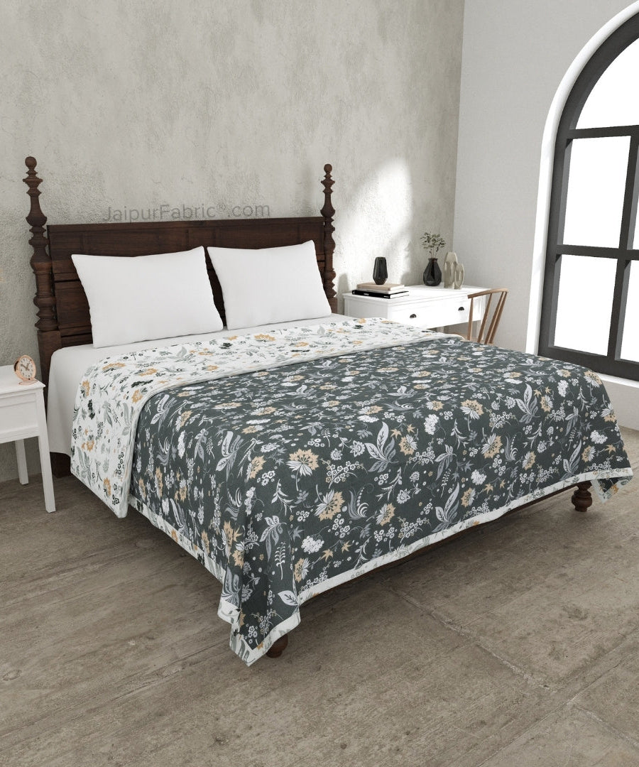 Flowery Spring Grey Cotton Reversible Double Bed Dohar